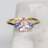 Custom Engagement Ring with Yellow Gold Band, Pear Cut Morganite and Round Tanzanite Trilogy